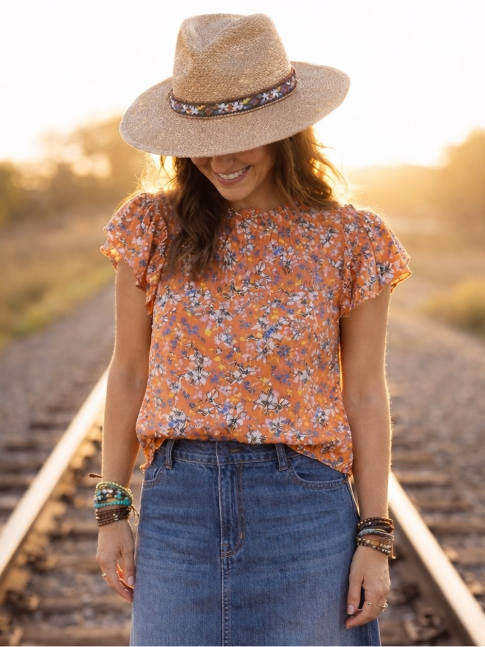 Nanette Lepore Orange Floral Blouse size large